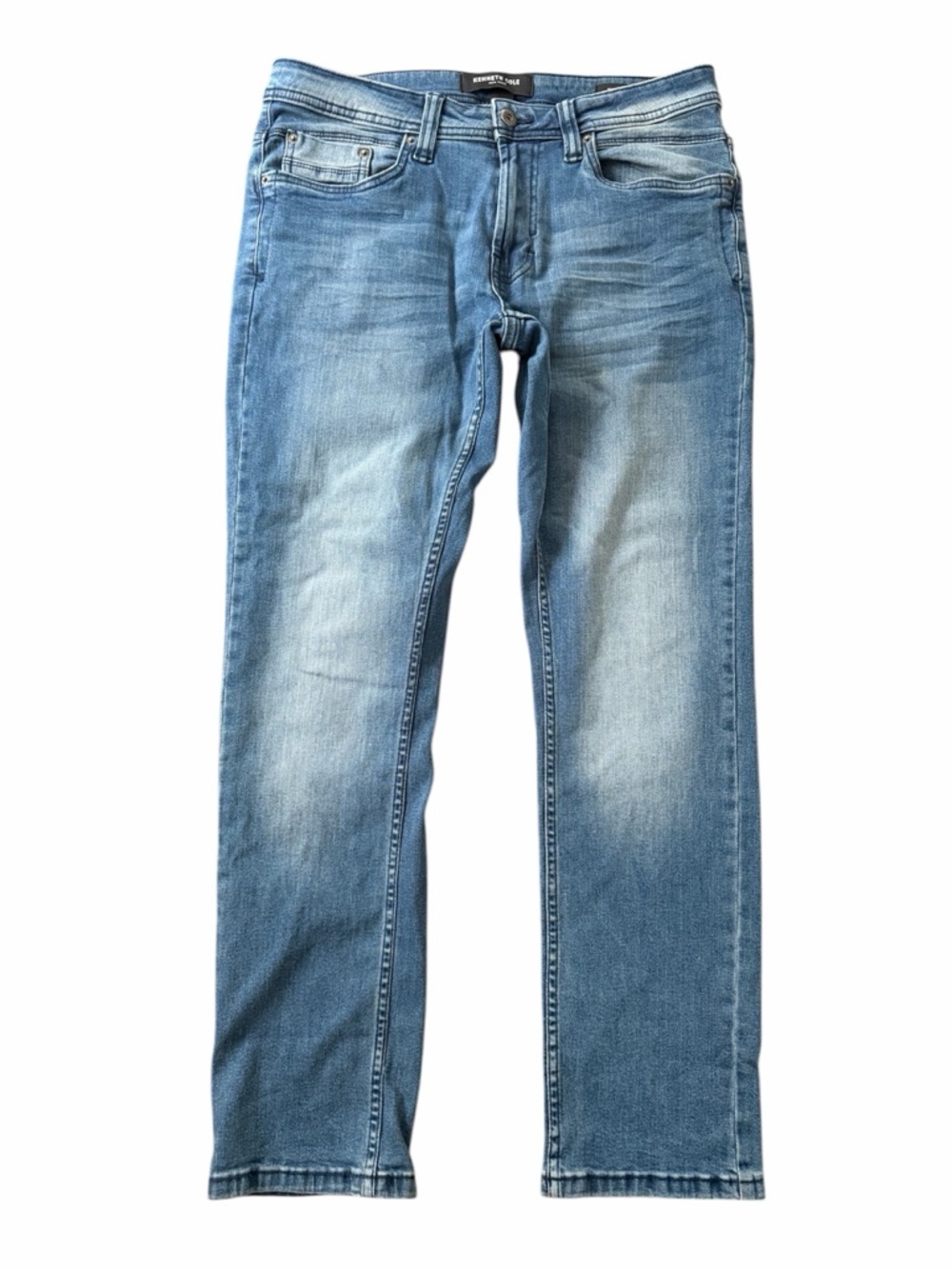 Kenneth Cole Slim Fit Straight Blue Denim Jeans Button Logo Pockets Men